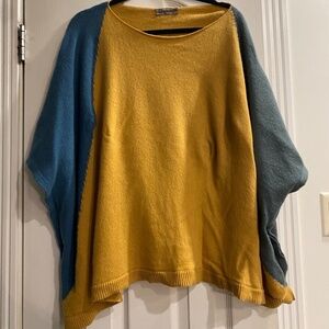 ANTHROPOLGIE PONCHO Wool Blend SWEATER COLOR BLOCK BLUE AND MUSTARD LARGE